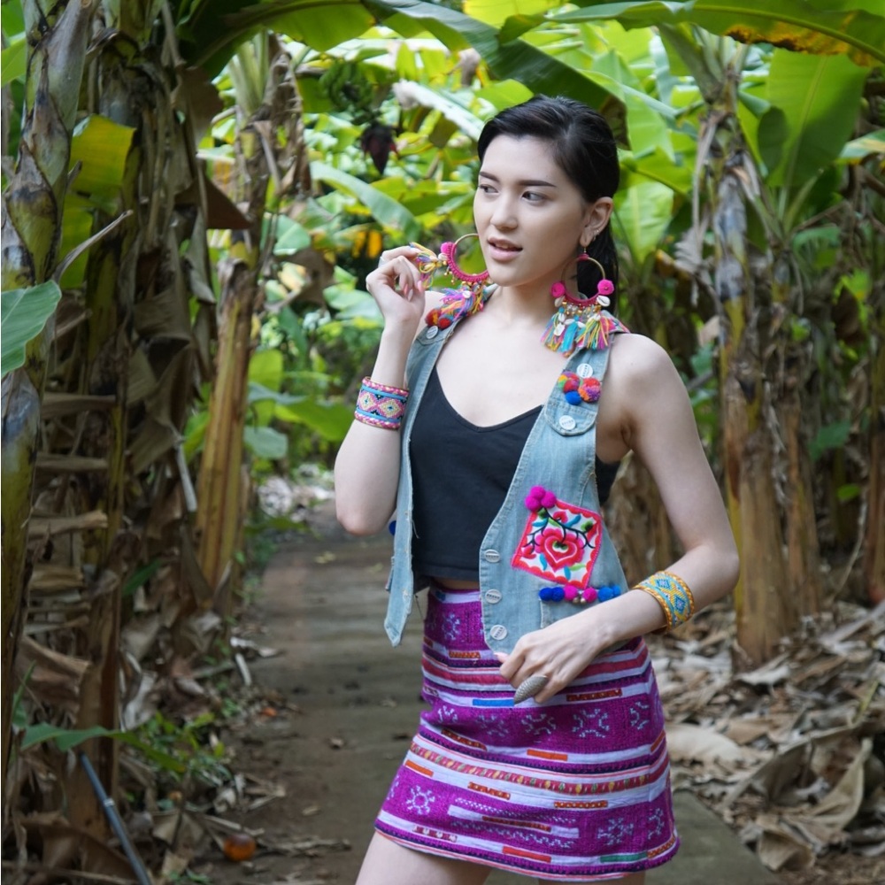 Handmade patchwork textile Pom Pom Colorful Embroidered Vest